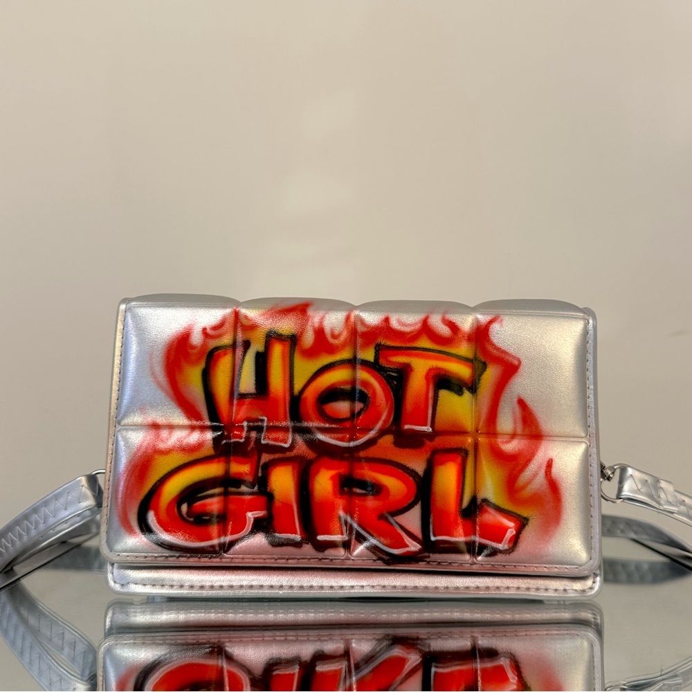 HOT GIRL Quilted Airbrush Graffiti Shoulder Bag Crossbody Purse Genuine Leather